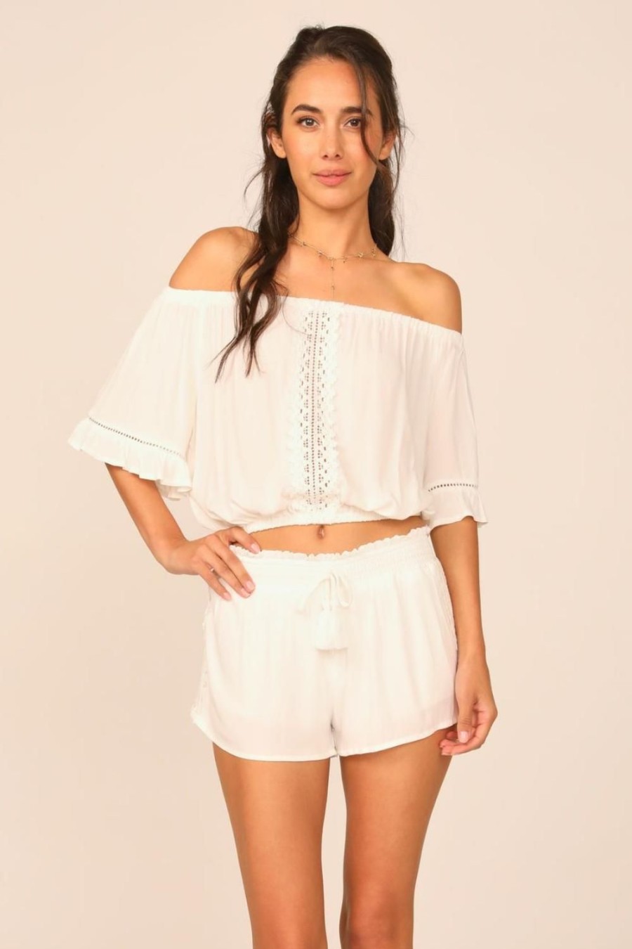 Women Ocean Drive | White Crochet Trim Crepe Off Shoulder Top