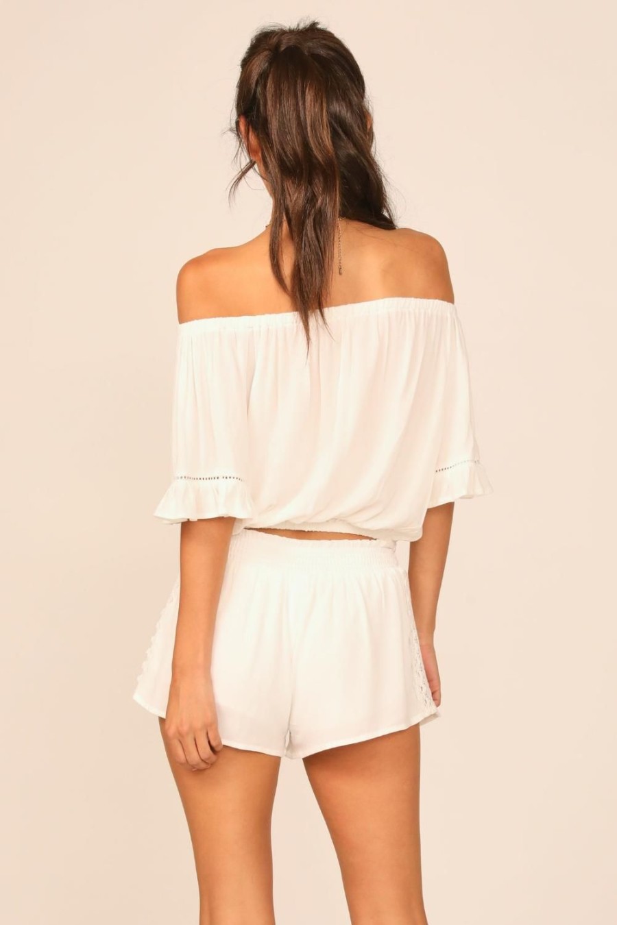 Women Ocean Drive | White Crochet Trim Crepe Off Shoulder Top