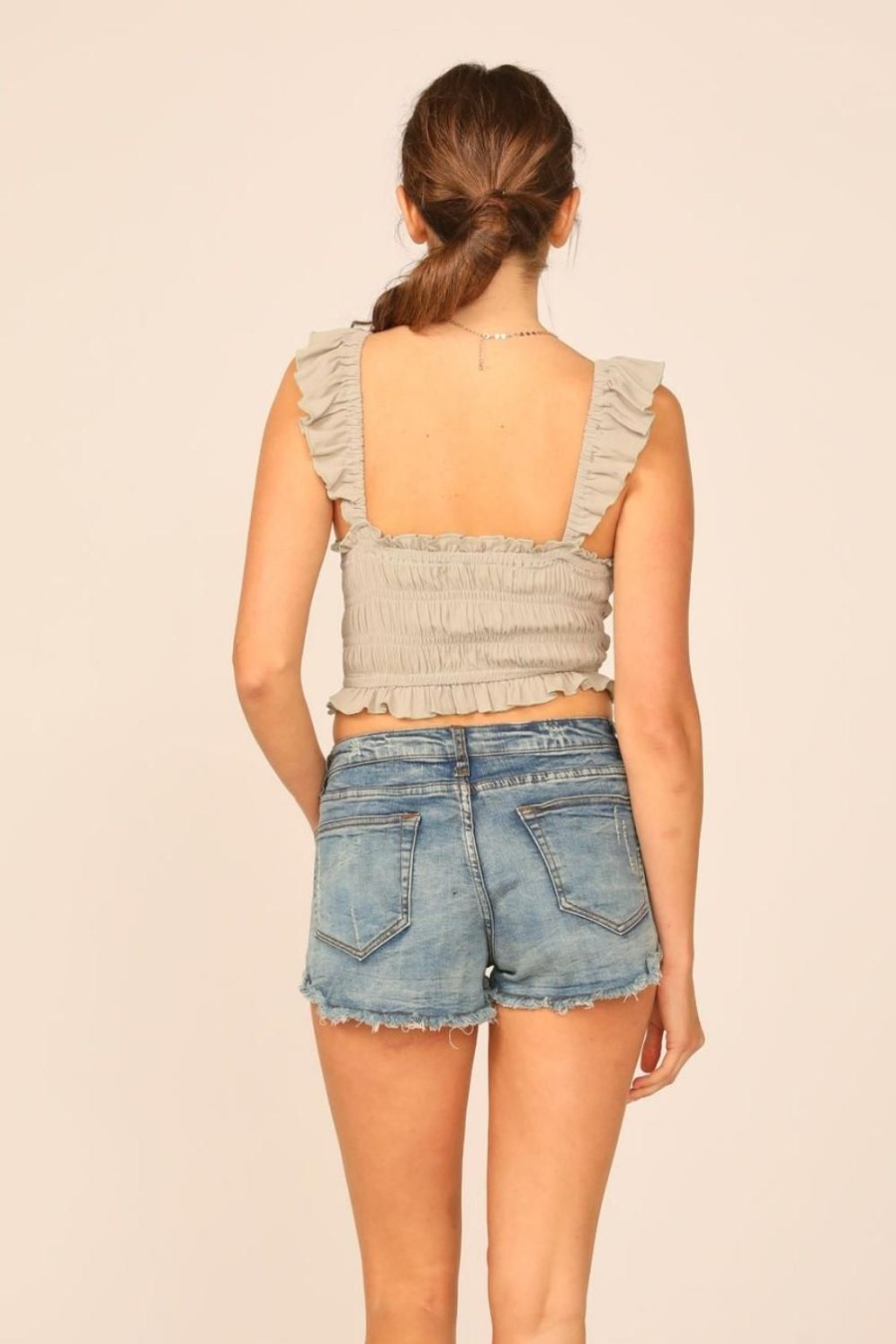 Women Ocean Drive | Soft Olive Washed Crepe Smocked Bodice Tank