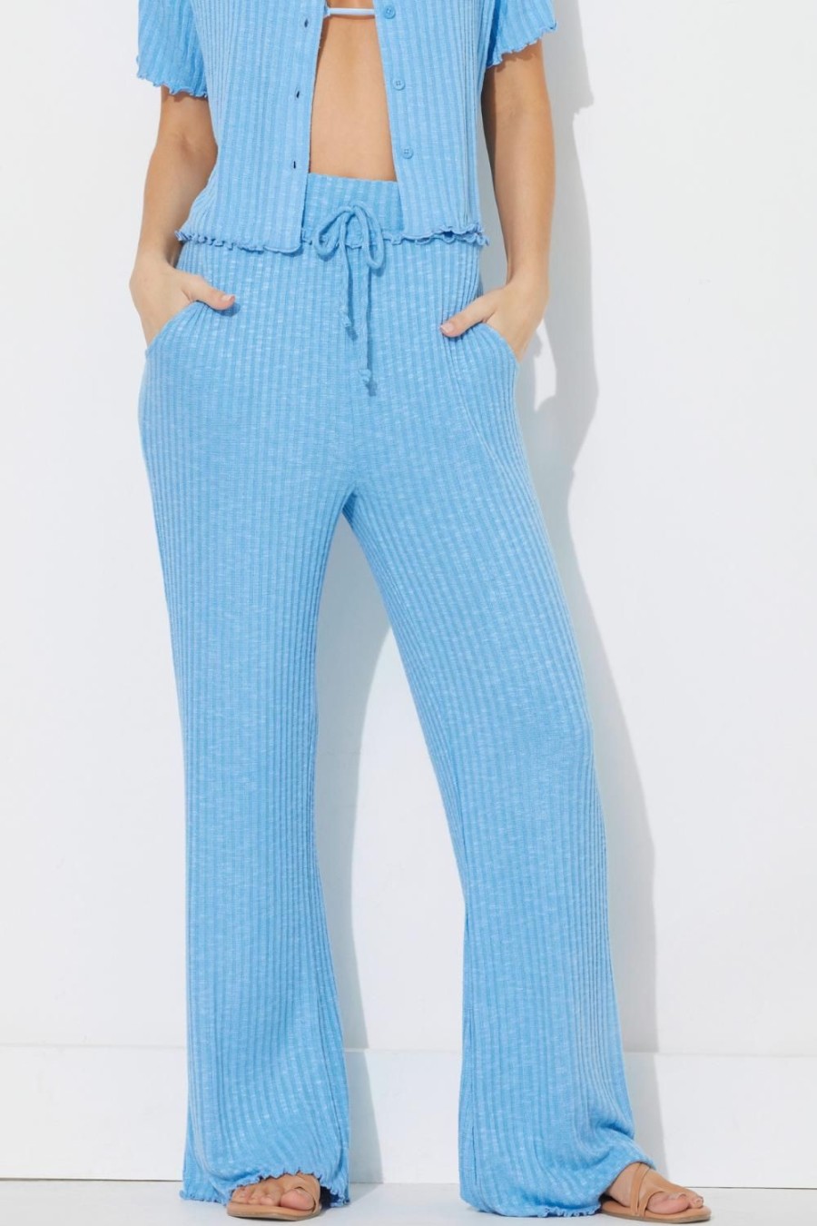 Women Ocean Drive | French Blue Solid Rib Lettuce Edge Pants