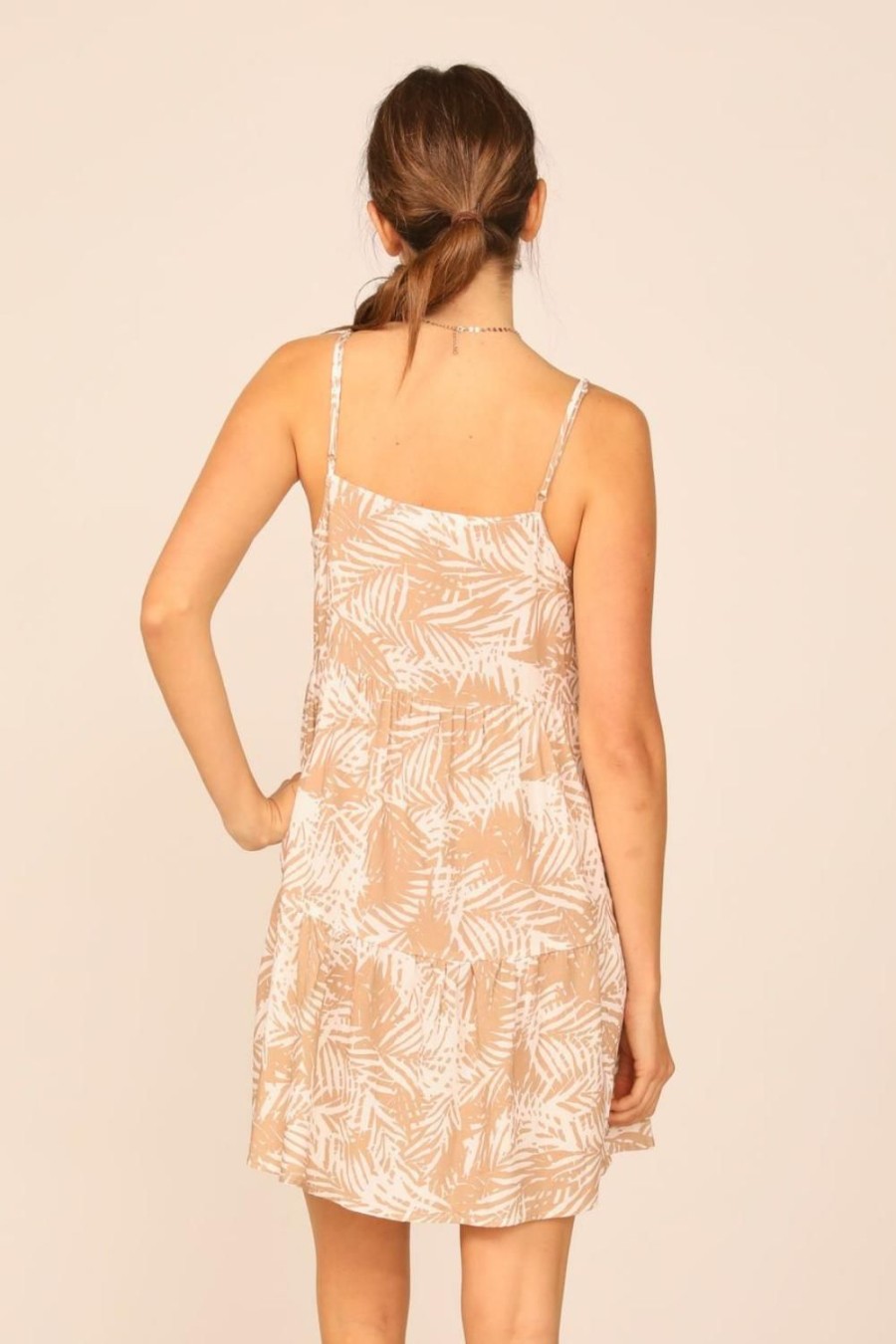 Women Ocean Drive | Ivory/Khaki Palm Leaf Print Tiered Ruffle Dress