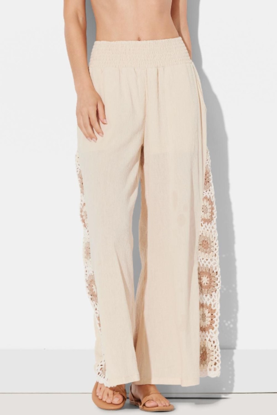 Women Ocean Drive | Natural Tan Crochet Square Crochet Insert Pant