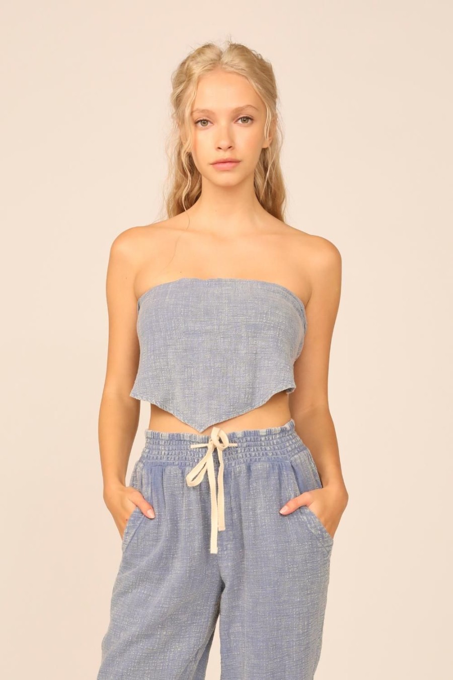 Women Ocean Drive | Poolside Blue Washed Texture Handkerchief Top