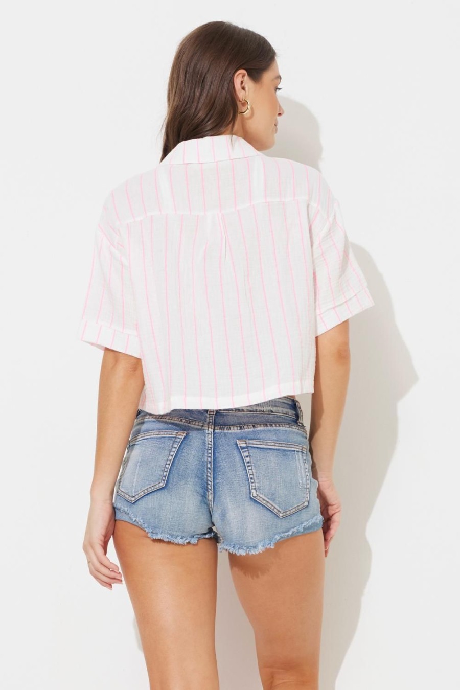 Women Ocean Drive | Hot Pink White Striped Gauze Short Sleeve Button Up