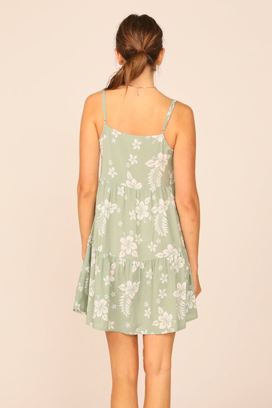 Women Ocean Drive | Sage/White Hibiscus Print Tiered Ruffle Dress