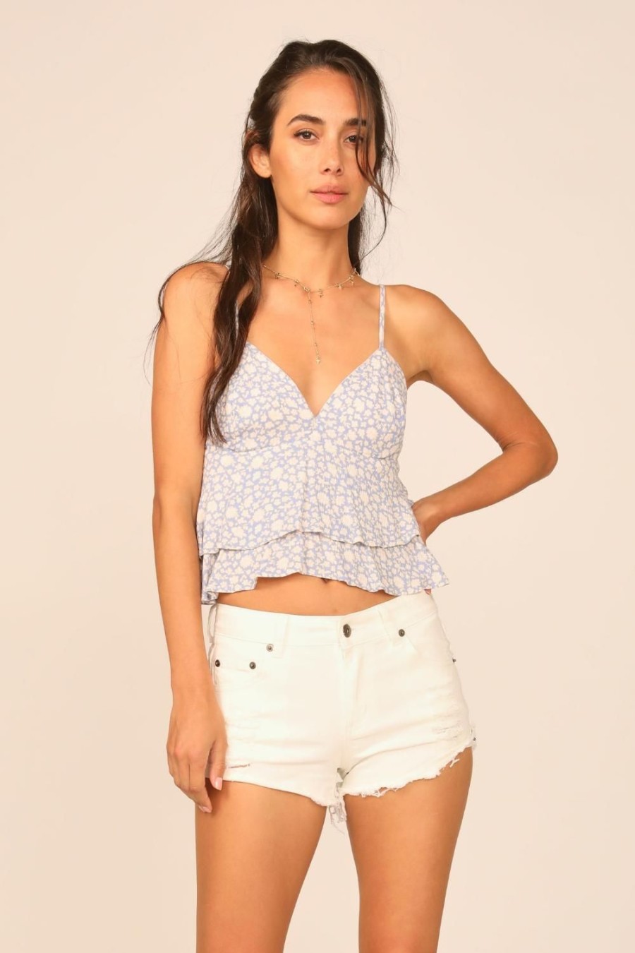 Women Ocean Drive | French Blue Combo Printed Rayon Ruffle Tank