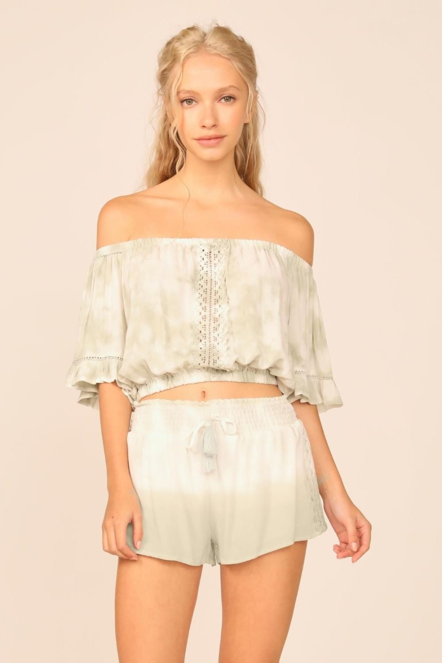 Women Ocean Drive | Summer White/Olive Dip Dye Crochet Trim Crepe Off Shoulder Top