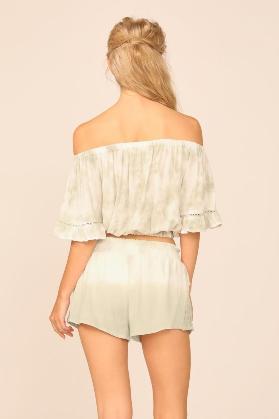 Women Ocean Drive | Summer White/Olive Dip Dye Crochet Trim Crepe Off Shoulder Top