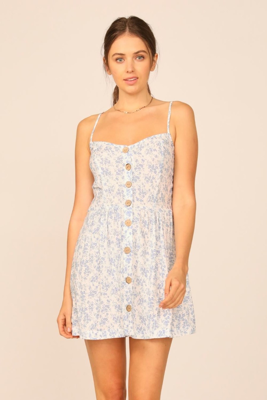 Women Ocean Drive | Ivory/Blue Floral Print Button Front Dress