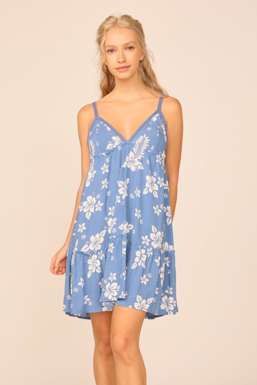 Women Ocean Drive | Medium Blue/White Hibiscus Print V-Neck Promo Dress