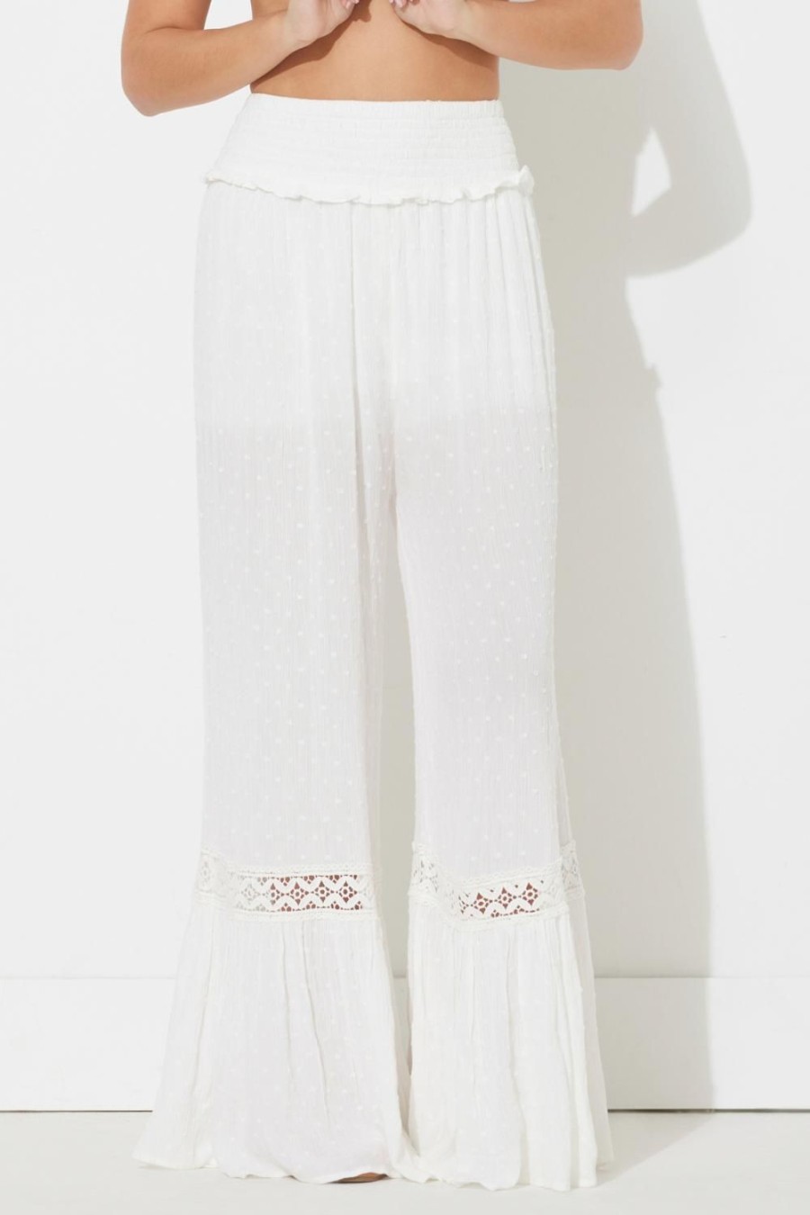 Women Ocean Drive | White Swiss Dot W/Crochet Pant