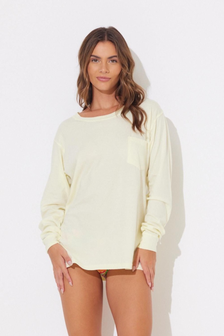 Women Ocean Drive | Soft Yellow Salt Washed Long Sleeved Pocket Tee