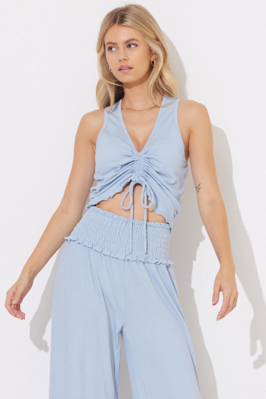 Women Ocean Drive | Aquatic Blue Rib Knit Ruched Tank