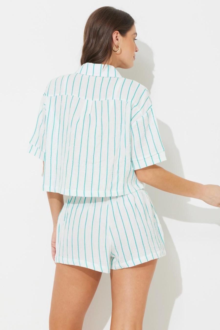 Women Ocean Drive | Teal Green White Striped Gauze Short Sleeve Button Up