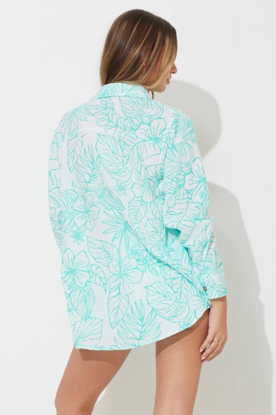 Women Ocean Drive | Teal Green Printed Gauze Button Up