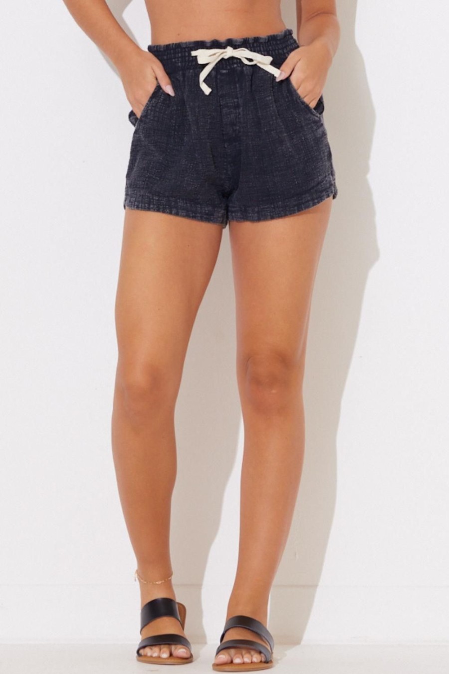 Women Ocean Drive | Black Washed Textured Elastic Waist Short