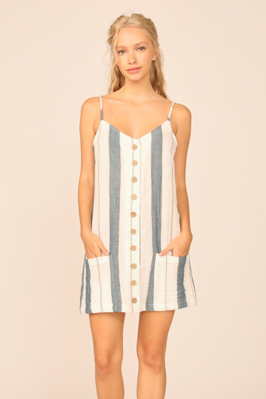 Women Ocean Drive | Denim/Pink Stripe Gauze Button Front Dress