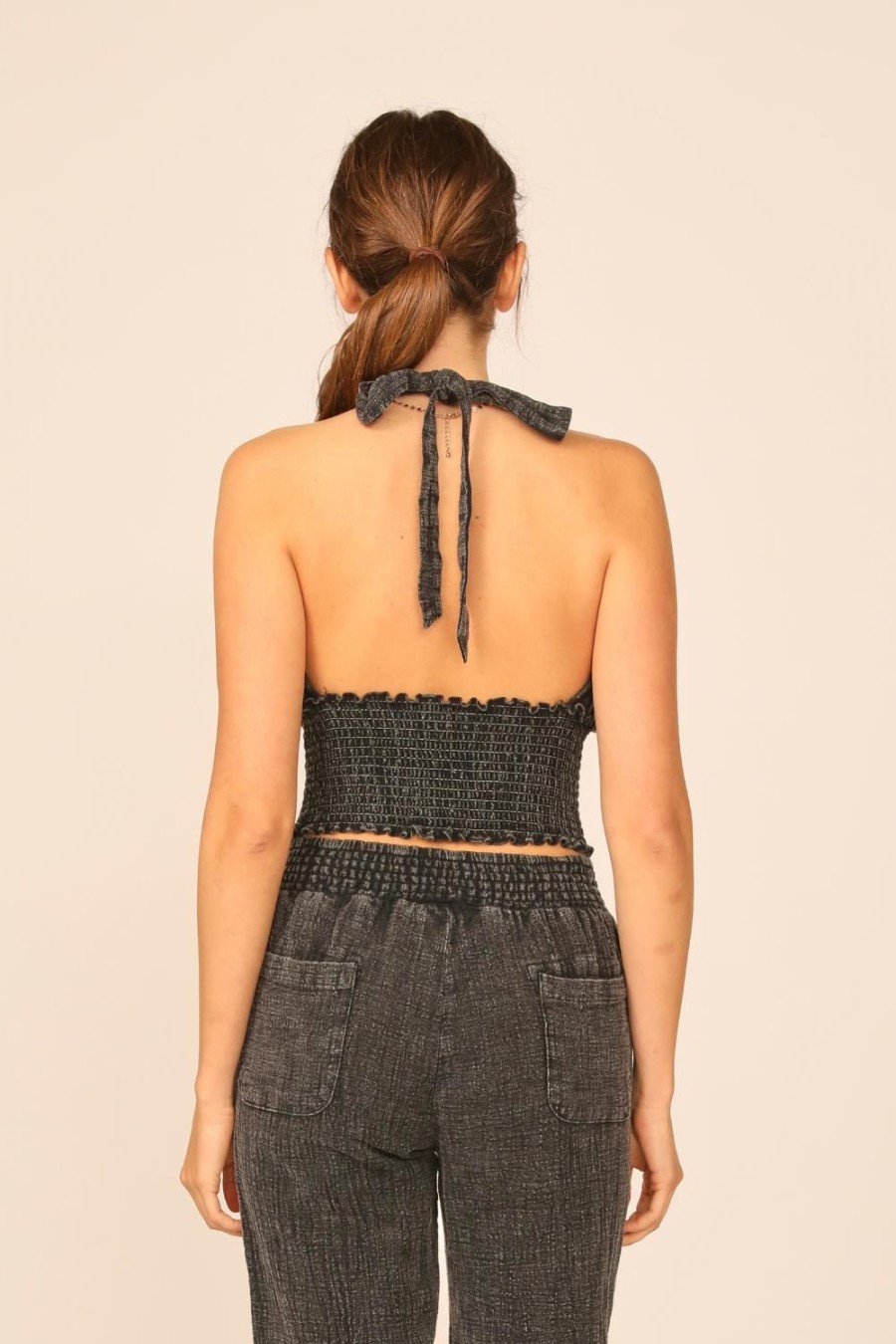 Women Ocean Drive | Washed Black Washed Texture Smocked Halter Top