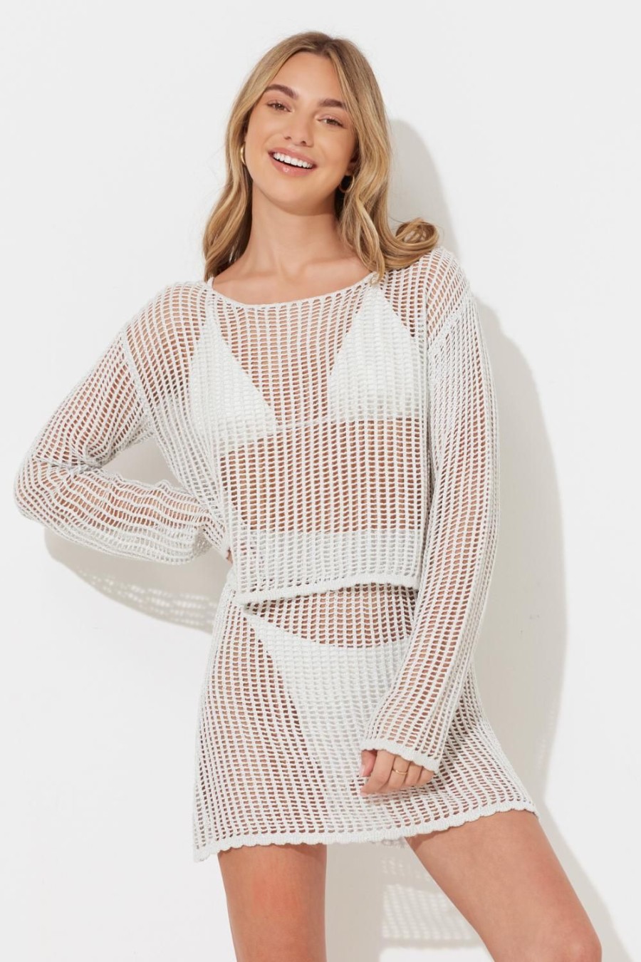 Women Ocean Drive | Silver Crochet Long Sleeve Top