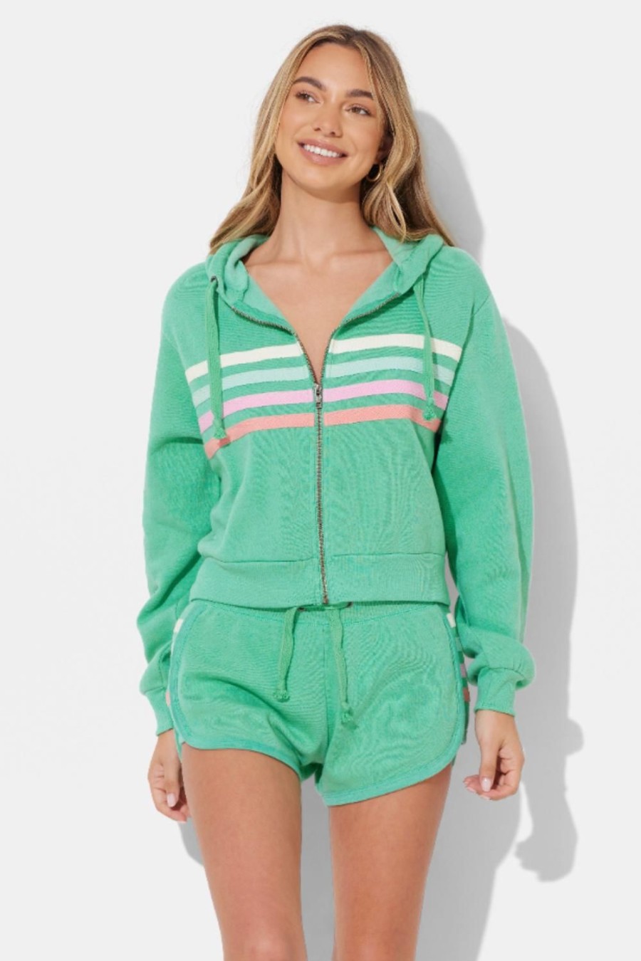 Women Ocean Drive | Surf Green W/Summer Stripes Heather Zip Up Hoodie