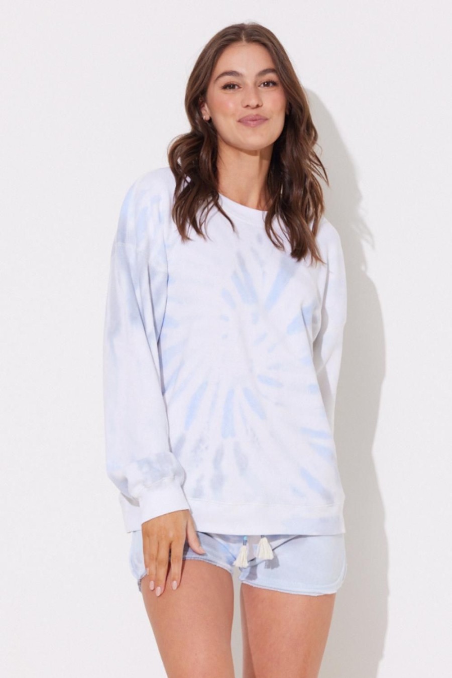 Women Ocean Drive | Seaside Blue Tie Dye Burnout Crewneck