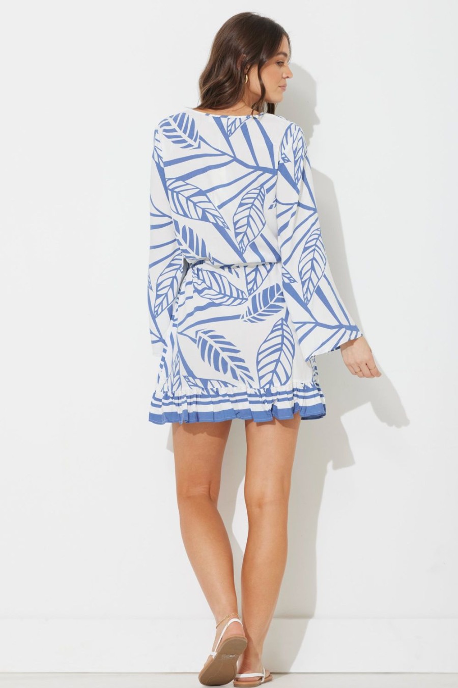 Women Ocean Drive | Navy Abstract Leaf Printed Rayon Long Sleeve Dress