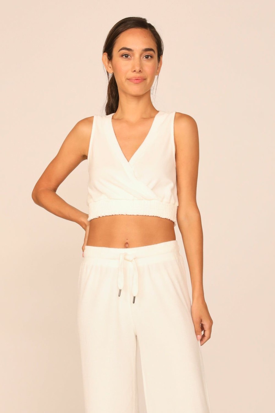 Women Ocean Drive | White Terry Cloth Surplice Top W/Smocked Waist