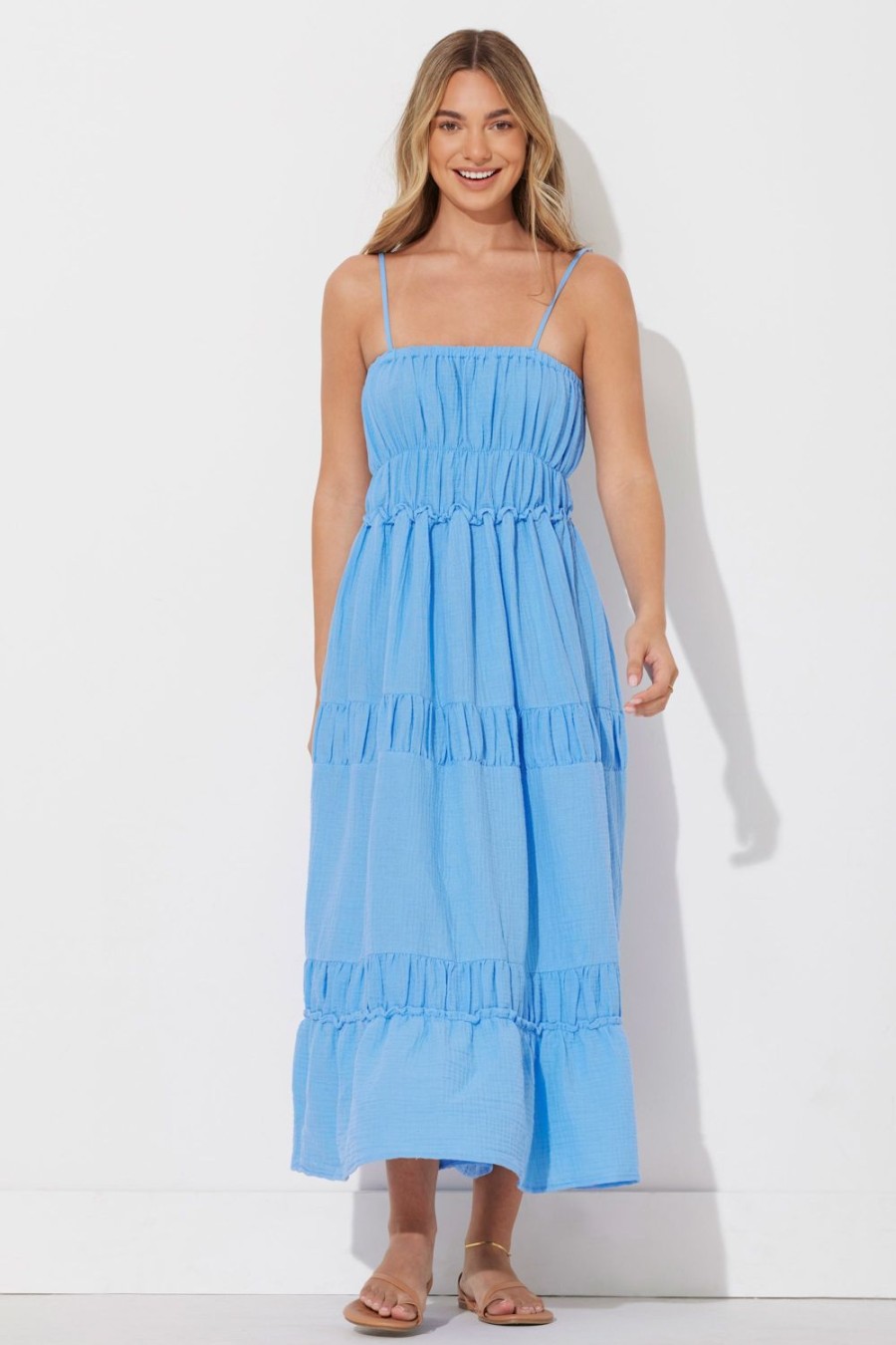 Women Ocean Drive | Ocean Blue Solid Gauze Maxi Dress