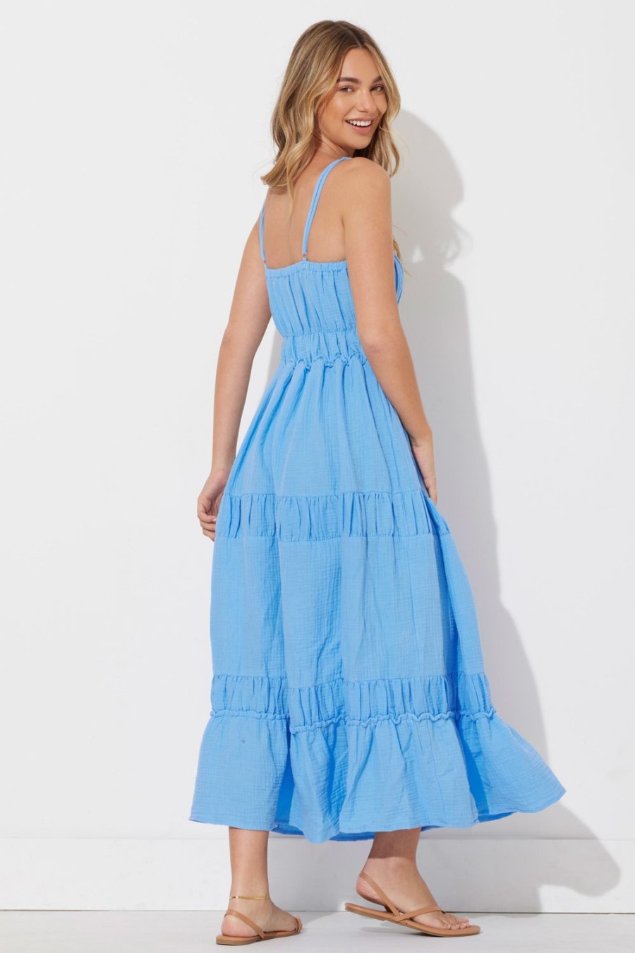 Women Ocean Drive | Ocean Blue Solid Gauze Maxi Dress