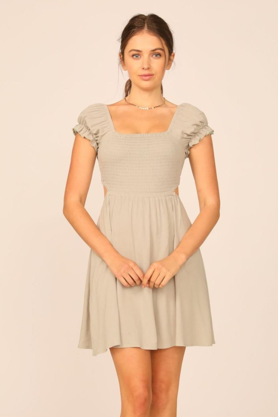 Women Ocean Drive | Soft Olive Washed Crepe Smocked Bodice Puff Sleeve Dress