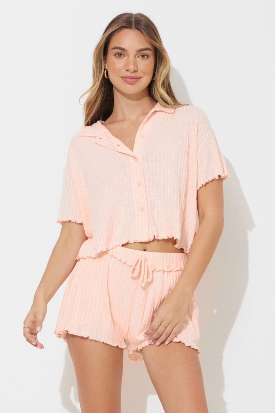 Women Ocean Drive | Popsicle Peach Wide Knit Button Up