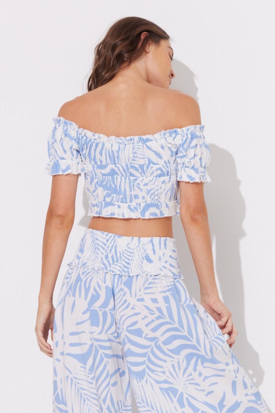 Women Ocean Drive | Blue Island Printed Smocked Off Shoulder Top