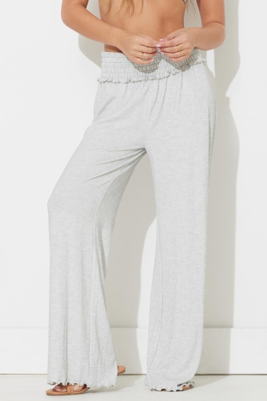 Women Ocean Drive | Harbor Grey Solid Rib Full Length Pant