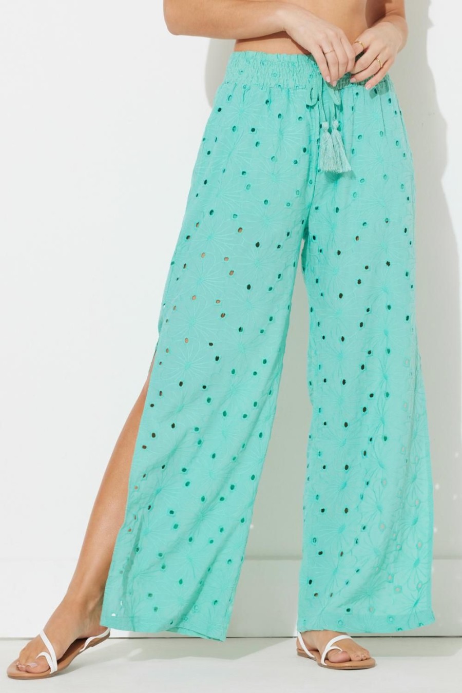 Women Ocean Drive | Paradise Green Floral Eyelet Pant W/Slits