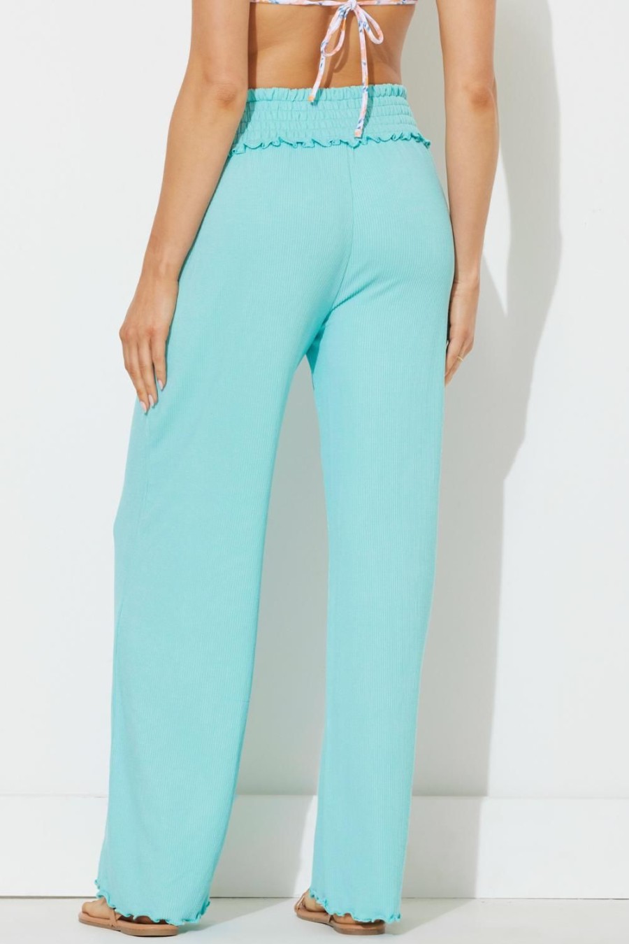 Women Ocean Drive | Waterfall Sage Solid Rib Full Length Pant