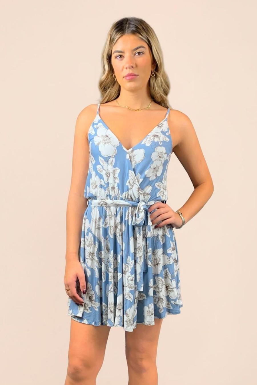 Women Ocean Drive | Blue Tropical Floral Wrap Bodice Dress