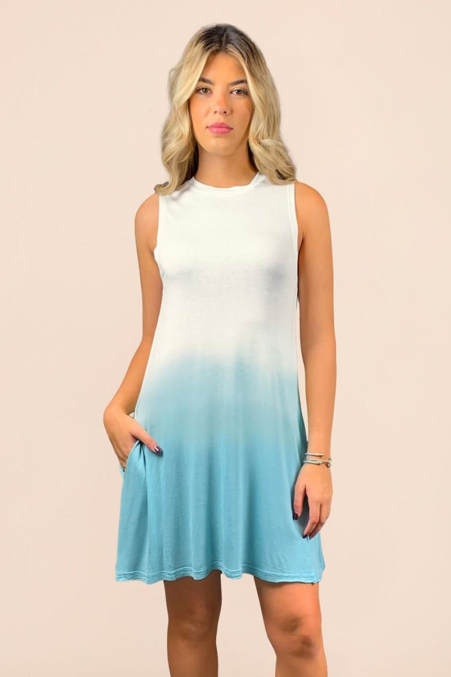 Women Ocean Drive | Blue Lagoon W/Soft Ivory Bleached Bottom Rayon Spandex Mock Neck Dress