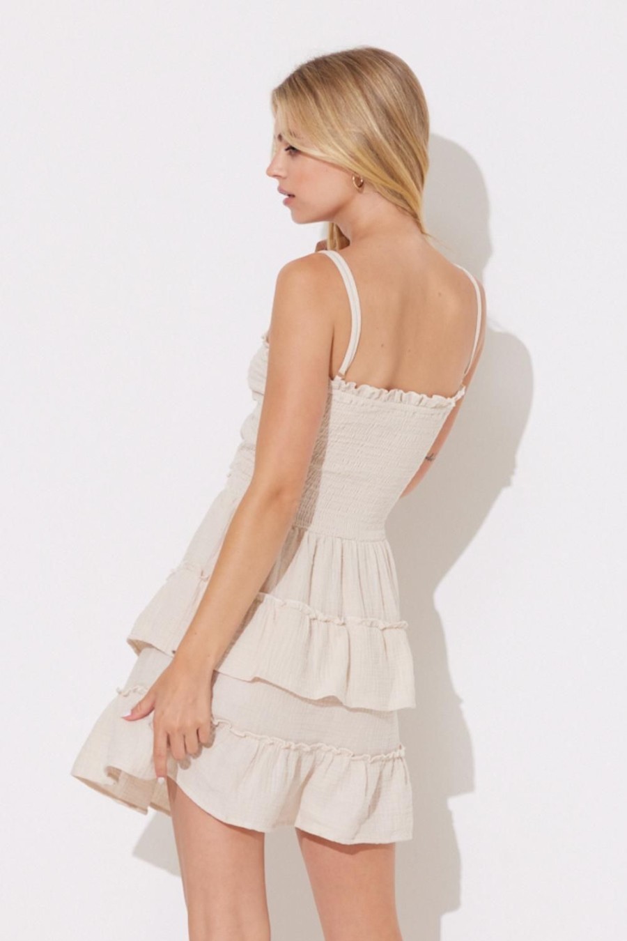 Women Ocean Drive | Sand Gauze Smocked Tie Front Ruffle Dress