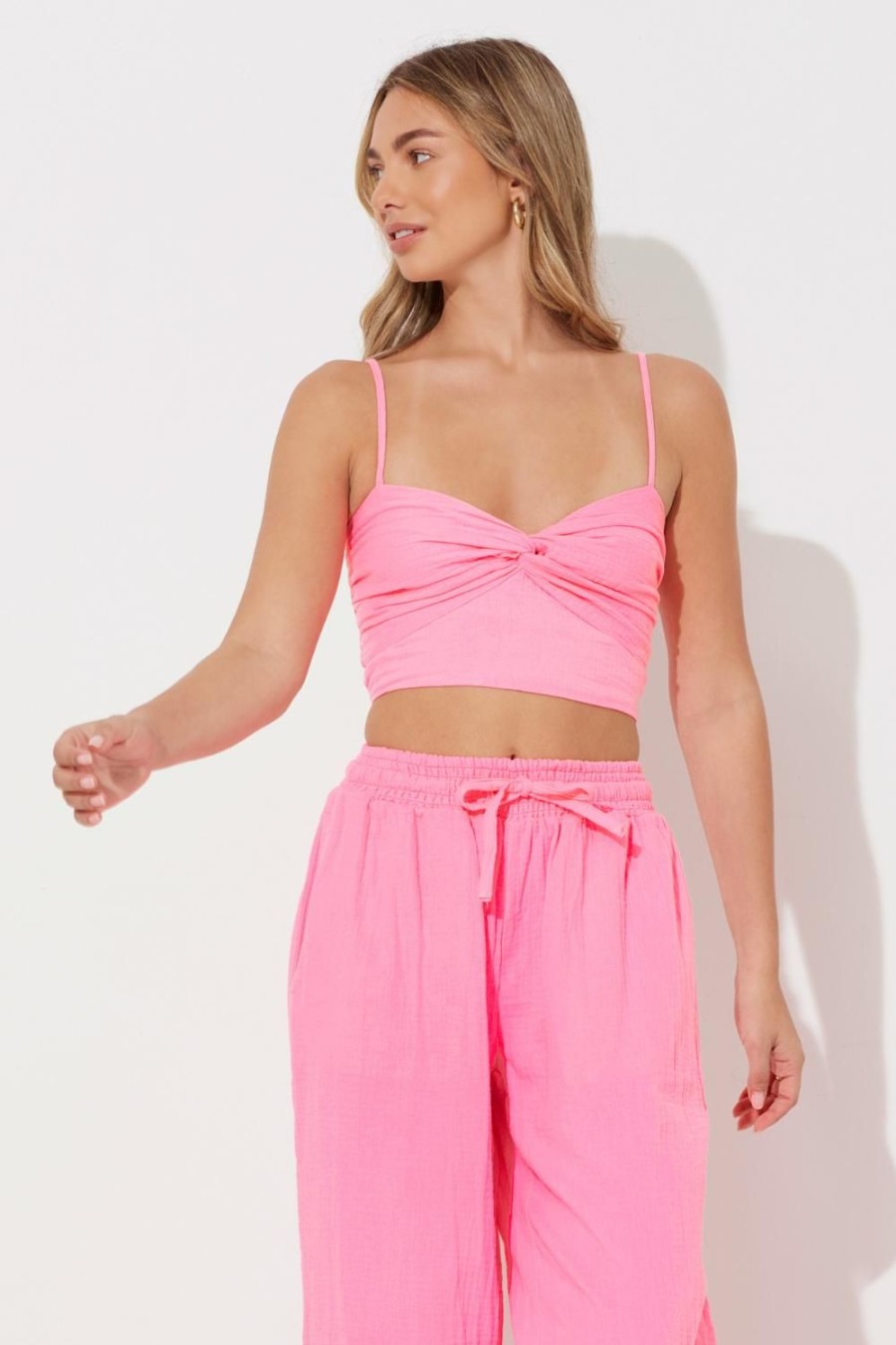 Women Ocean Drive | Hot Pink Solid Gauze Twist Tank