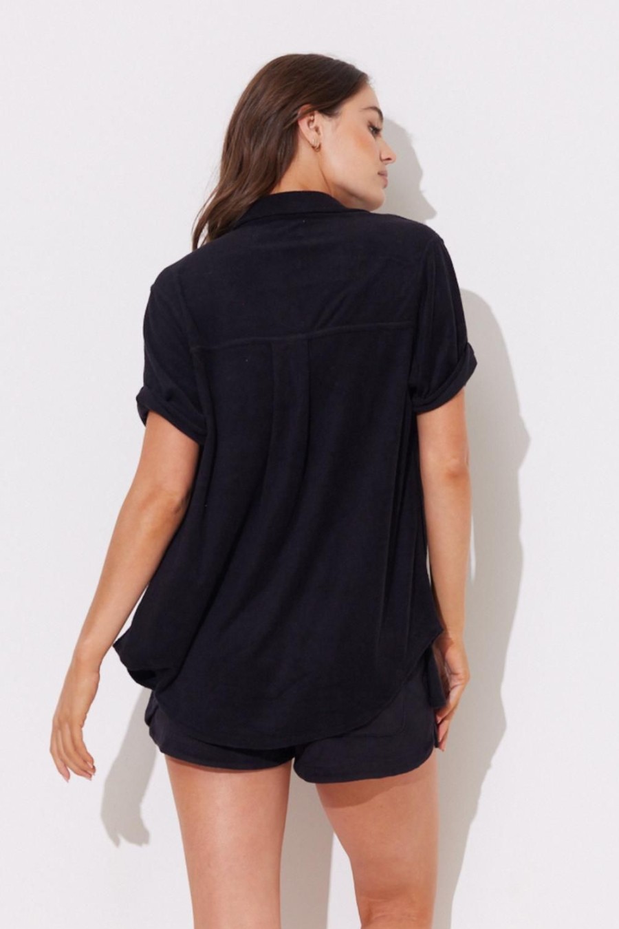 Women Ocean Drive | Black Terry Cloth Camp Shirt