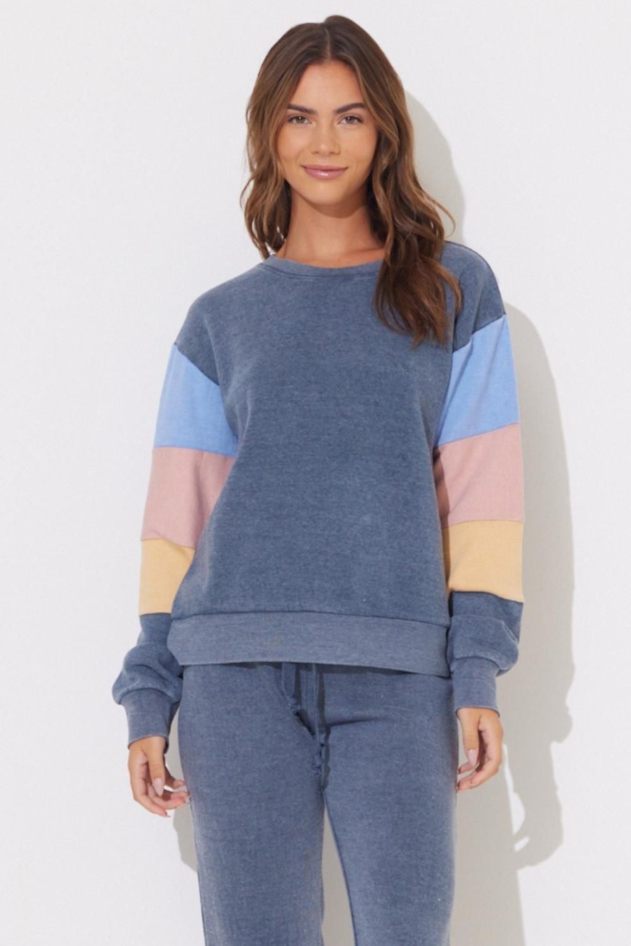 Women Ocean Drive | Tidewater Navy W/Multi Stripes Burnout Colorblock Crewneck