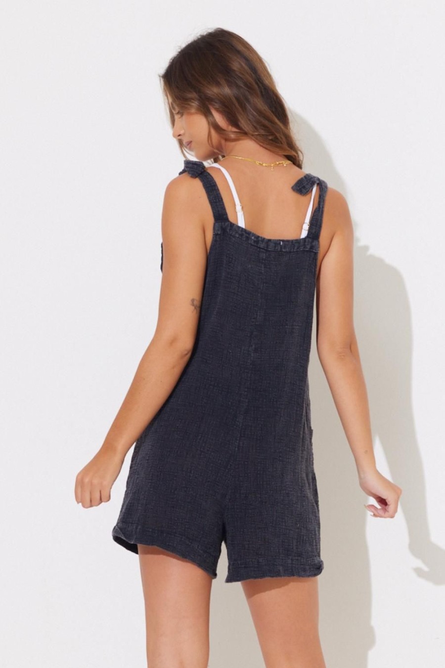 Women Ocean Drive | Black Washed Textured Button Up Romper