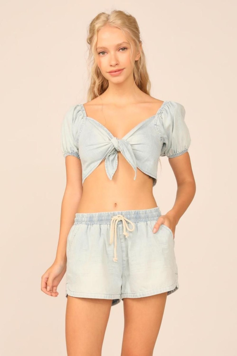 Women Ocean Drive | Light Wash Denim Tencel Tie Front Puff Sleeve Top