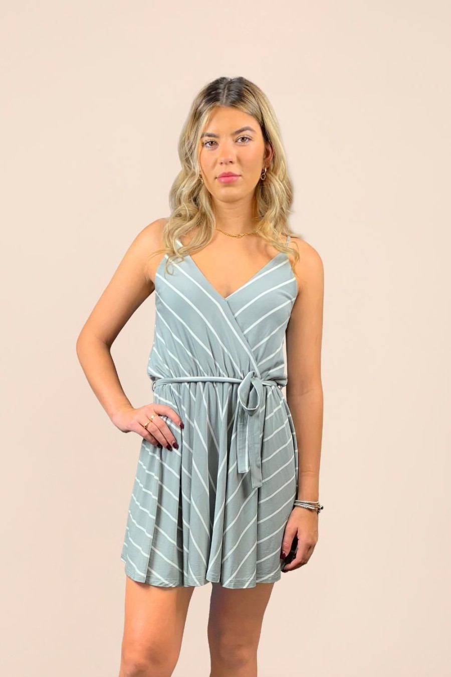 Women Ocean Drive | Sage/White Stripe Wrap Bodice Dress