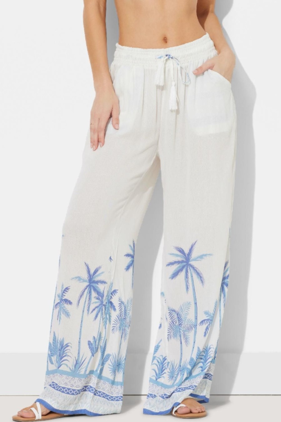 Women Ocean Drive | White W/Tonal Blue Palm Printed Rayon Crinkle Pant