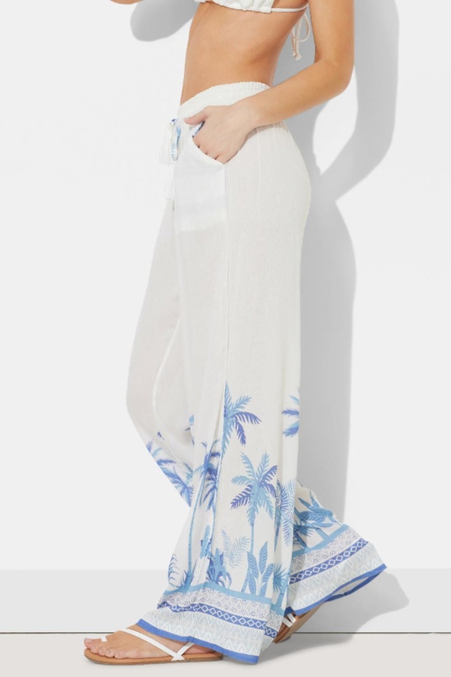 Women Ocean Drive | White W/Tonal Blue Palm Printed Rayon Crinkle Pant