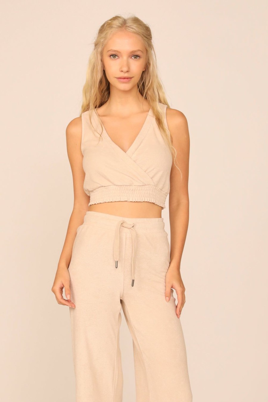 Women Ocean Drive | Summer Sand Terry Cloth Surplice Top W/Smocked Waist