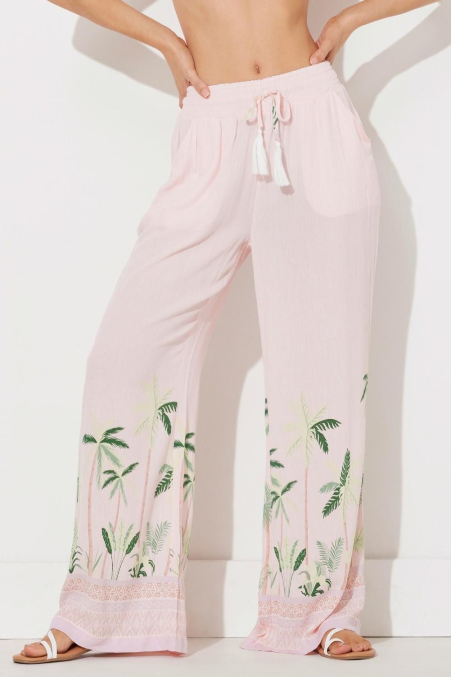 Women Ocean Drive | Baby Pink W/Tonal Green Palm Printed Rayon Crinkle Pant