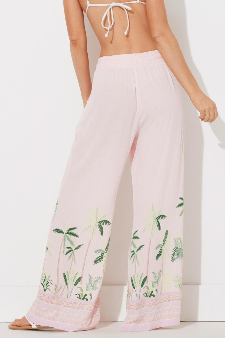 Women Ocean Drive | Baby Pink W/Tonal Green Palm Printed Rayon Crinkle Pant