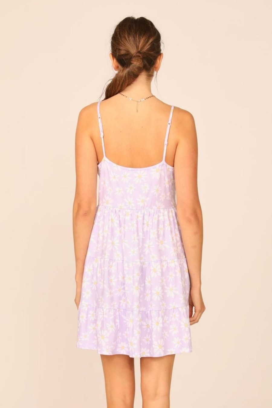 Women Ocean Drive | Lilac Sunflower Printed Knit Ruffle Dress